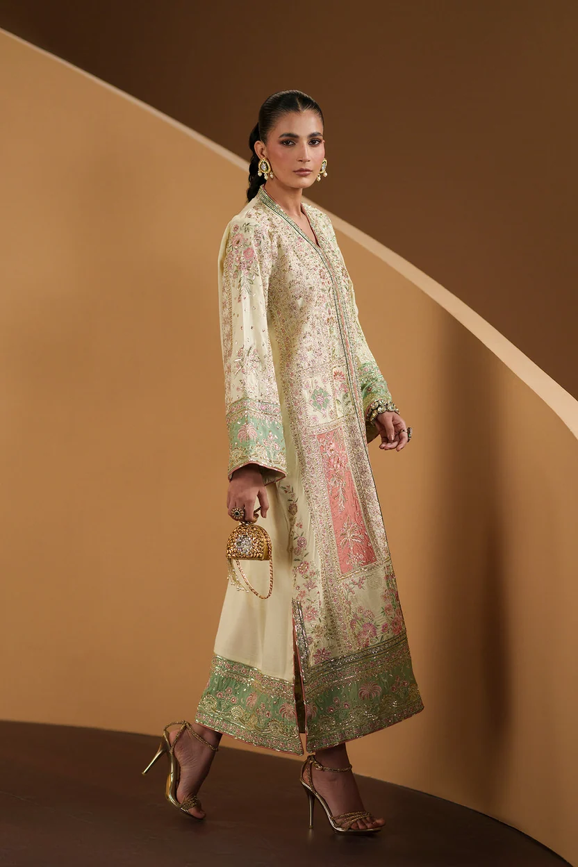 Matcha inspired Pakistani kameez with blush pink embroidery