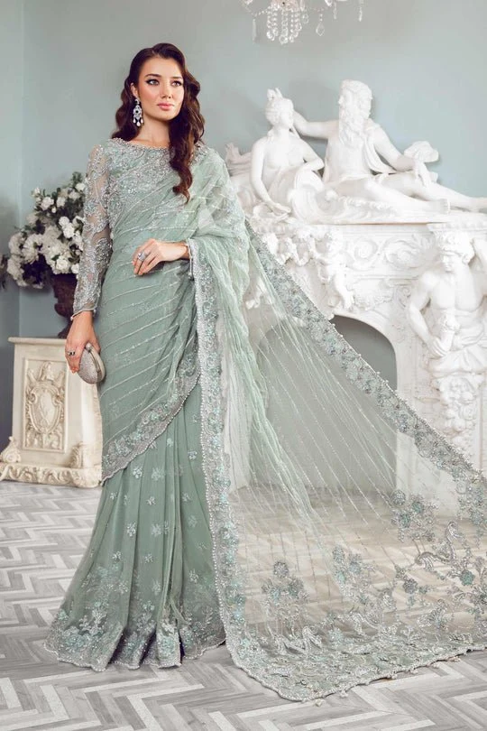 Sage green formal saree with embroidered pallu