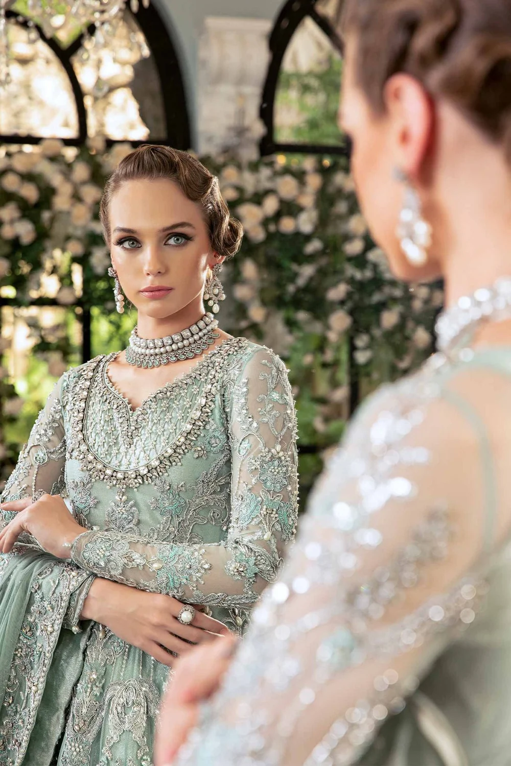 Sage green gown with mukesh and hand embellishment