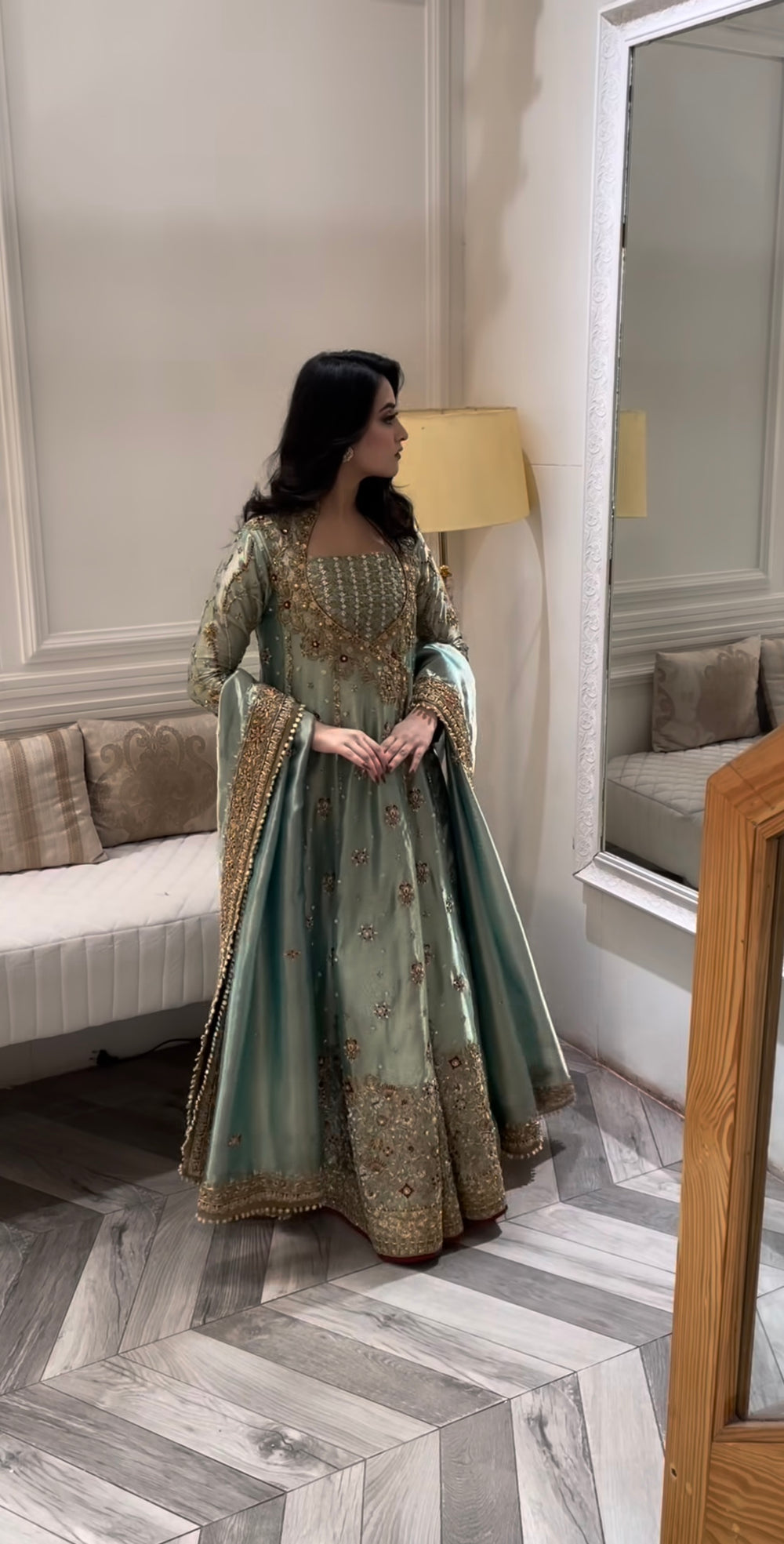Sage green formal dress with zardozi, dabka and crystal detailing
