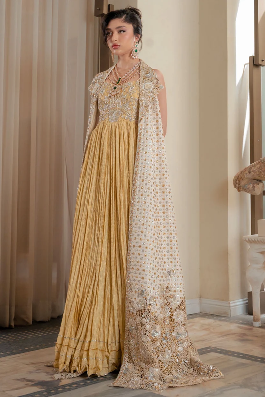 Saira Shakira Lunaire golden-yellow Pakistani formal gown