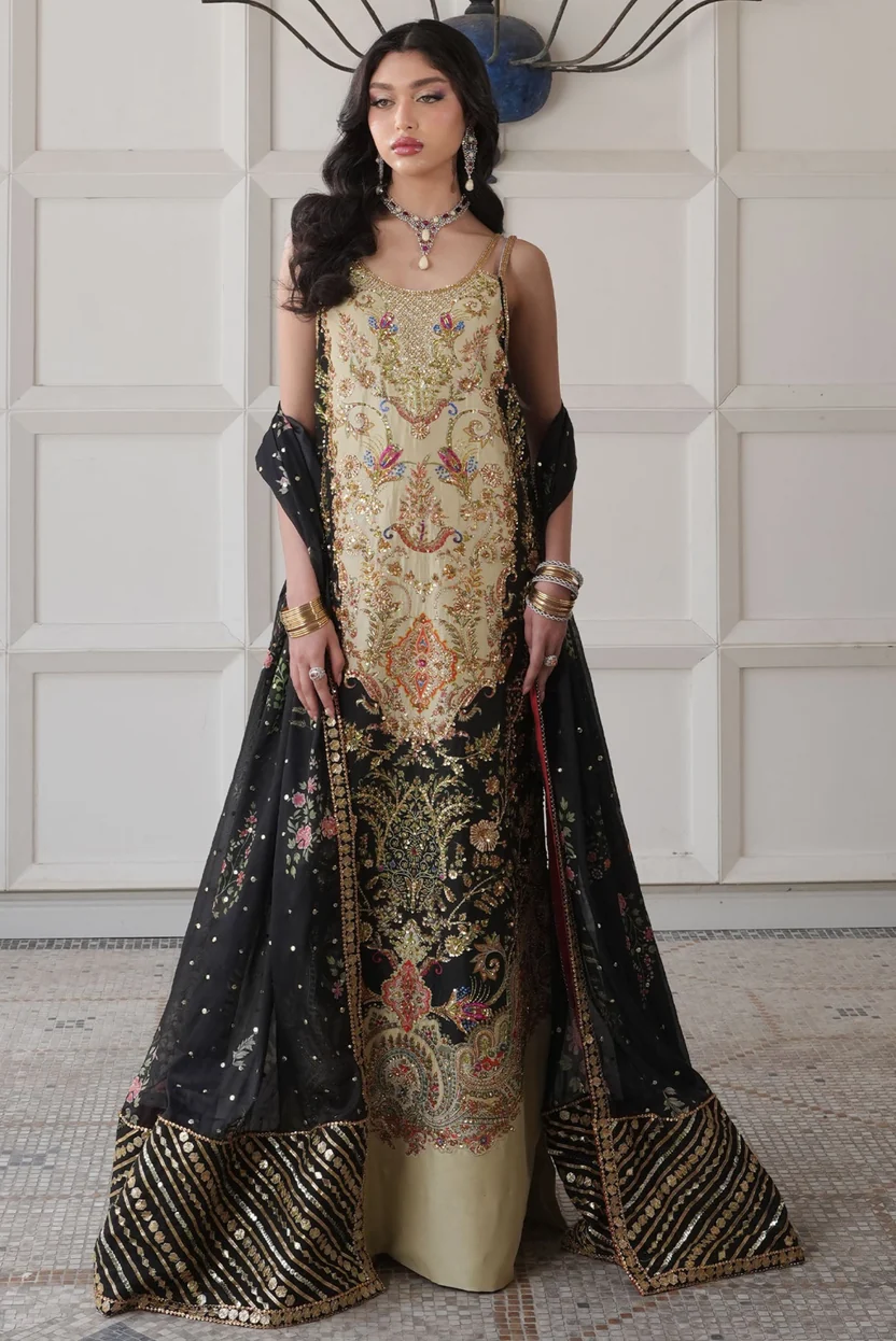 Saira Shakira Noire Sable champagne-gold and black formal ensemble
