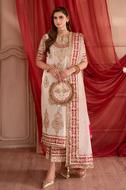 Sara Zara Solara ivory gold and deep red 4 piece Pakistani outfit