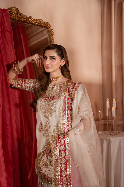 Ivory festive shirt with deep red and gold adda work