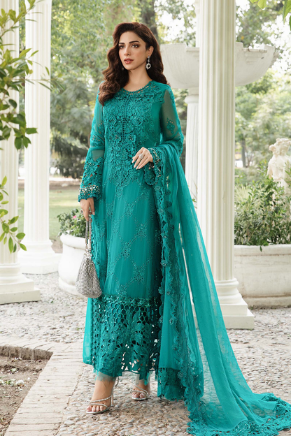 Sea green Pakistani formal suit with embroidered dupatta