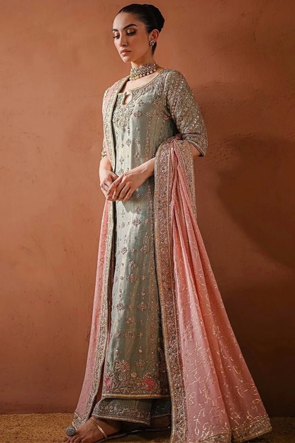 Shagna mint-green and pastel embroidered Pakistani formal suit
