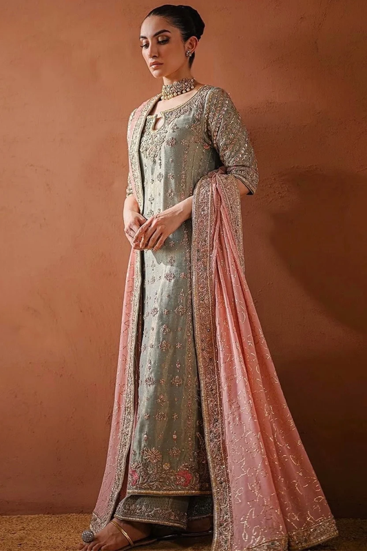 Shagna mint-green and pastel embroidered Pakistani formal suit