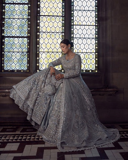 Silver bridal pishwas with sequins crystals and handwork