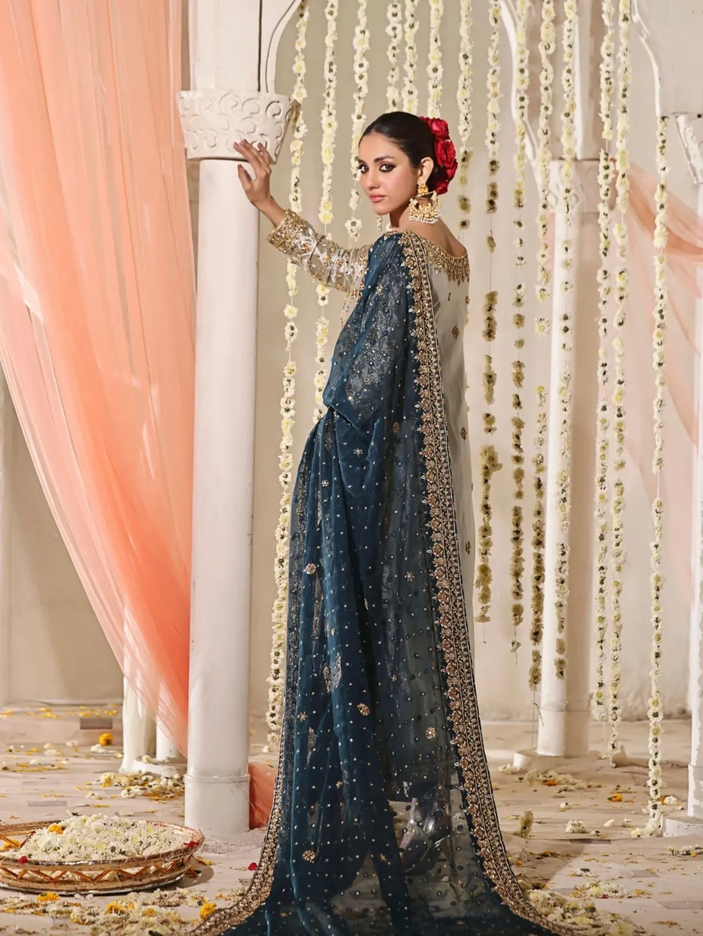 Silver grey formal dress with zardozi, dabka and navy blue dupatta