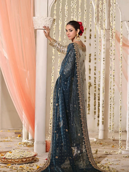 Silver grey formal dress with zardozi, dabka and navy blue dupatta