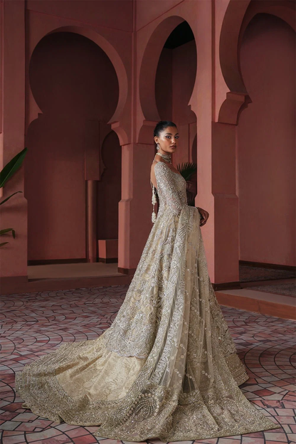 Champagne Pakistani bridal dress with zardozi work