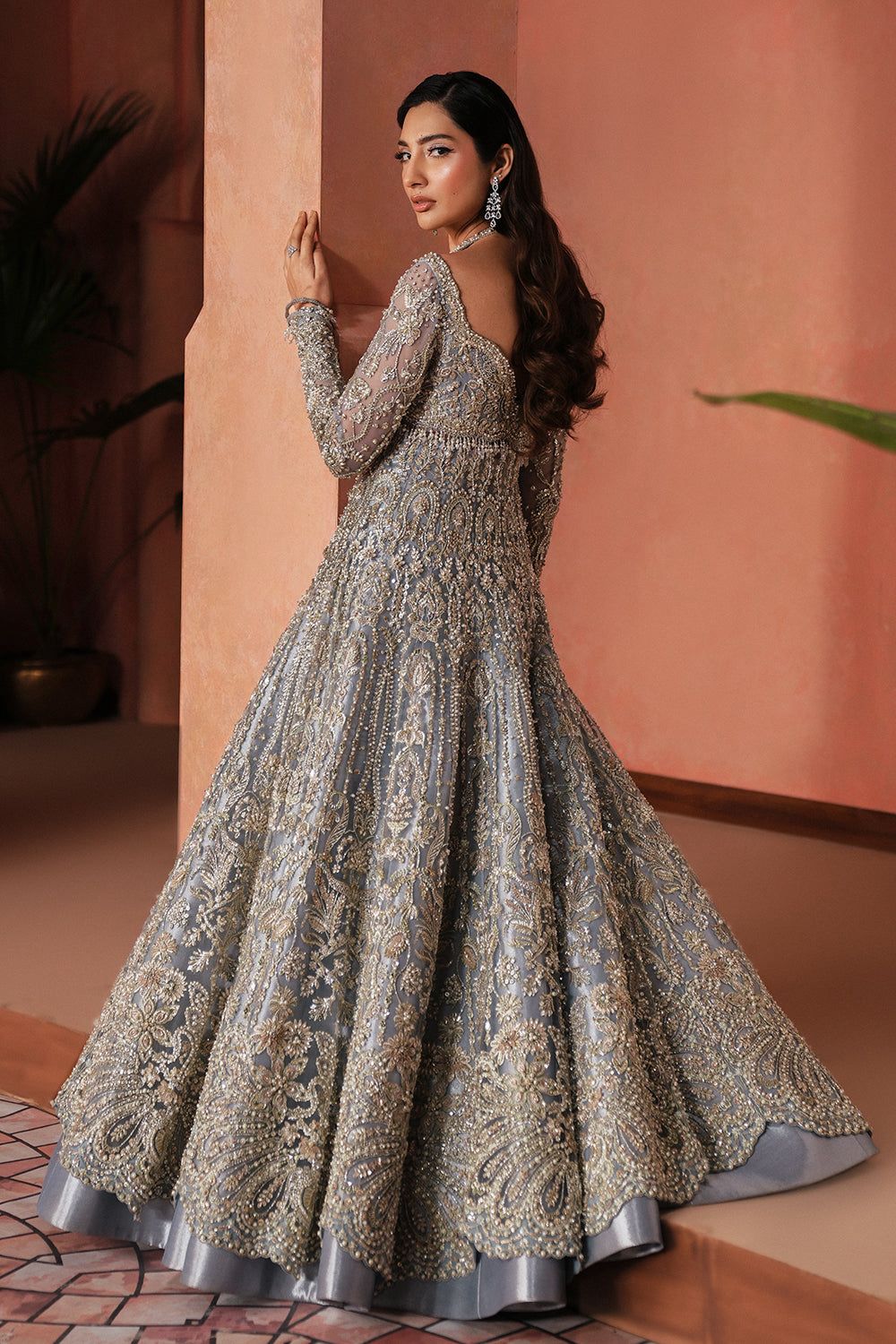 Silver grey embellished gown with embroidered dupatta