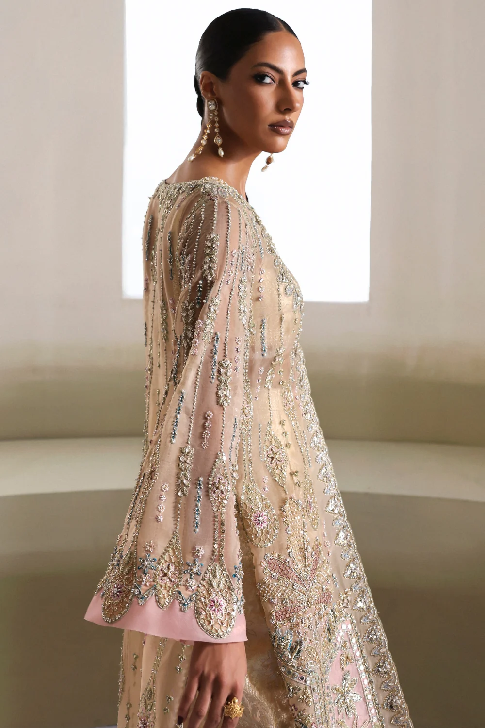 Beige embellished long shirt with net dupatta