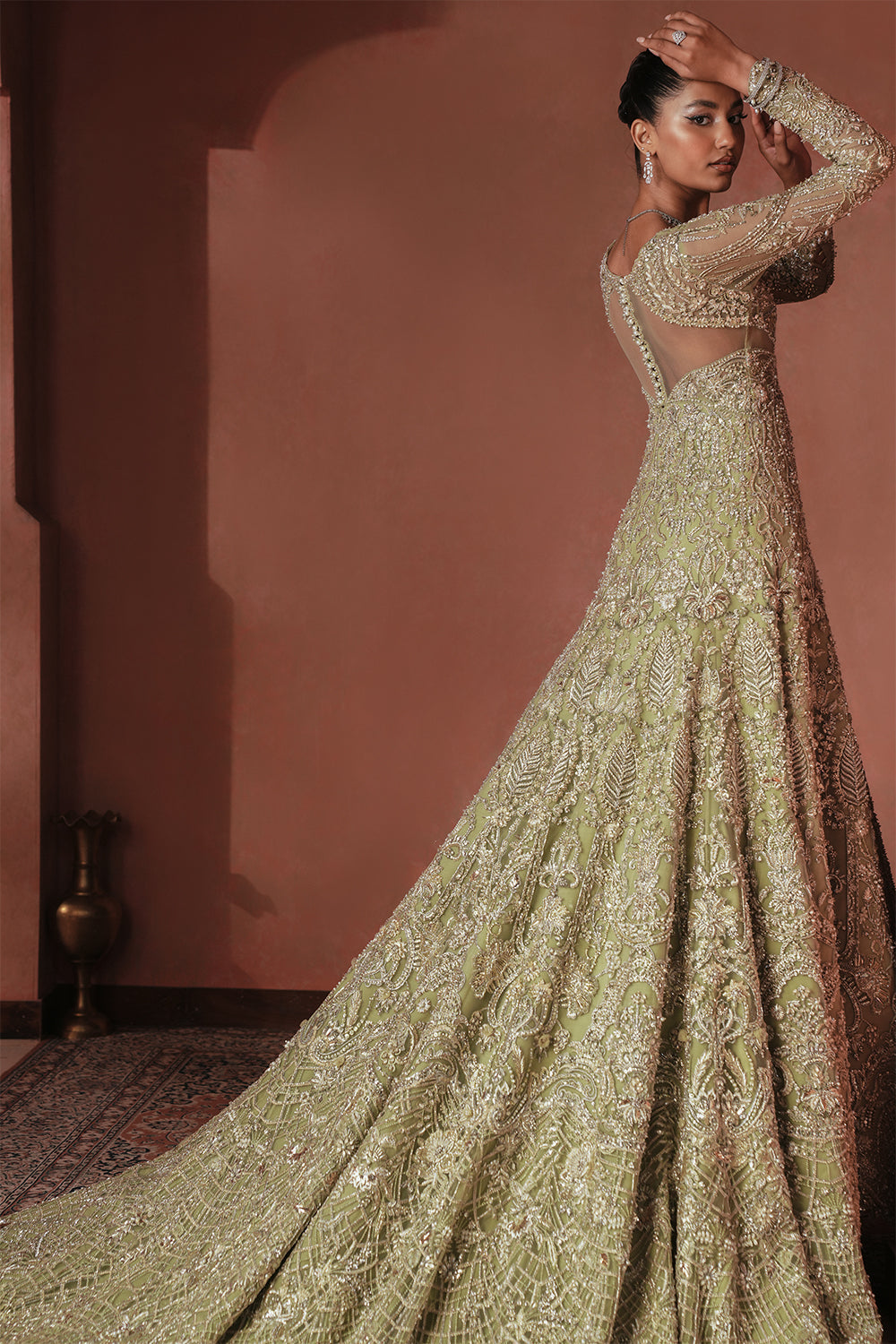 Pistachio green bridal dress with intricate embroidery