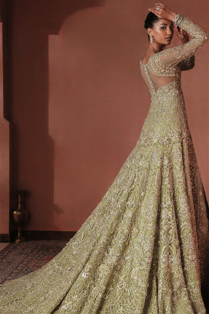 Pistachio green bridal dress with intricate embroidery