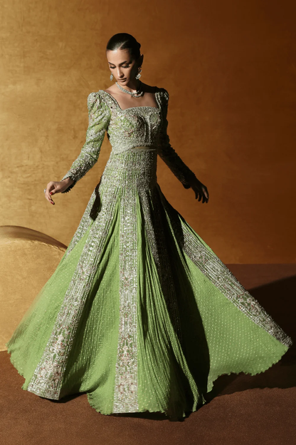 Moss green Pakistani formal dress with embroidery