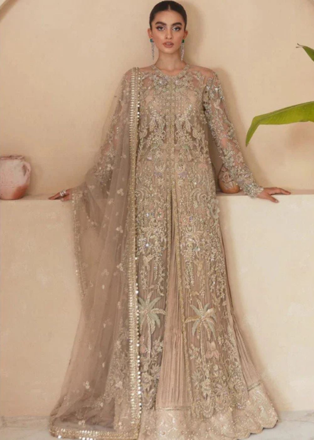 Soraya Dahlia champagne-gold formal gown with intricate embroidery