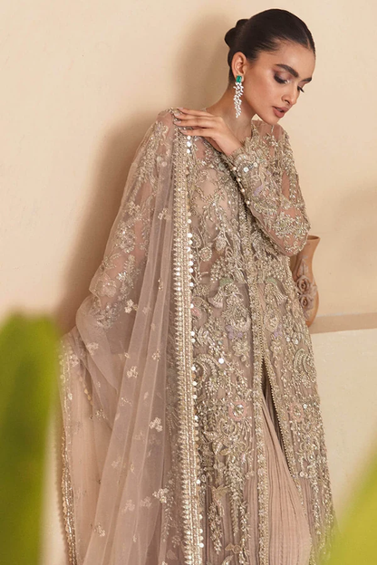 Soraya Dahlia gown featuring silver and antique-gold floral handwork