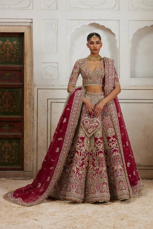 Soraya Darohi Bridals 2026 Diyar deep red bridal lehenga set