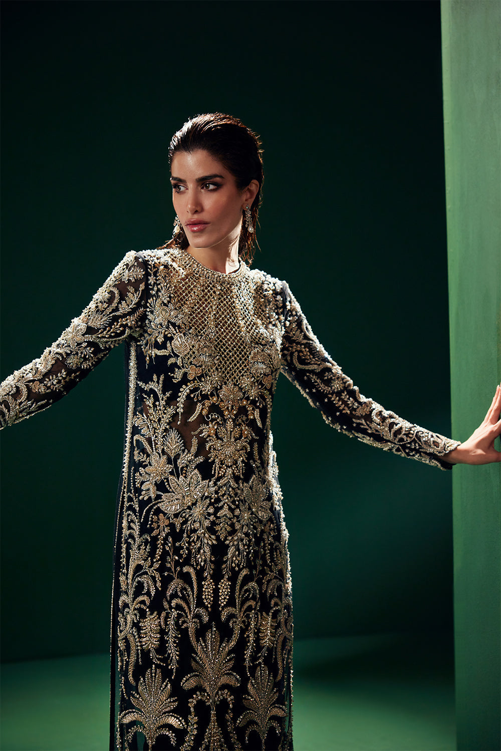 Midnight black embroidered shirt with sheer dupatta