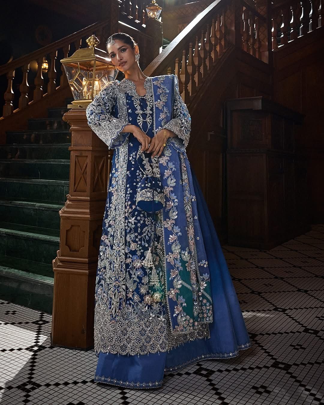 Soraya ELISÉ royal blue wedding outfit with silver floral embroidery