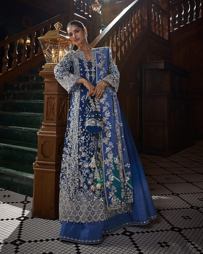Soraya ELISÉ royal blue wedding outfit with silver floral embroidery