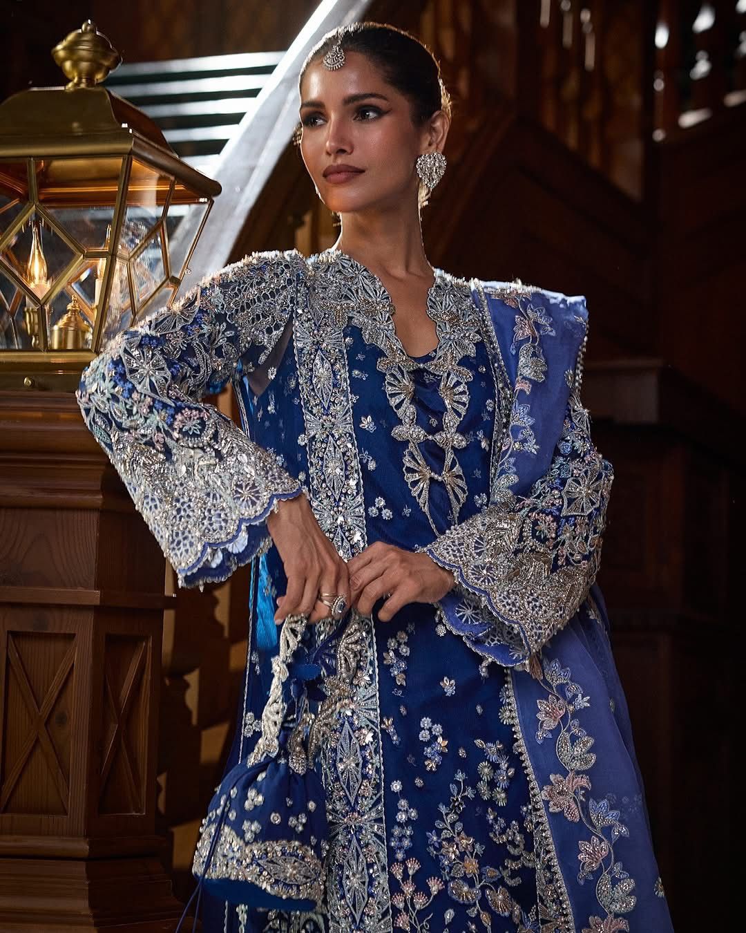 Close-up of silver embellishments on Soraya ELISÉ wedding ensemble