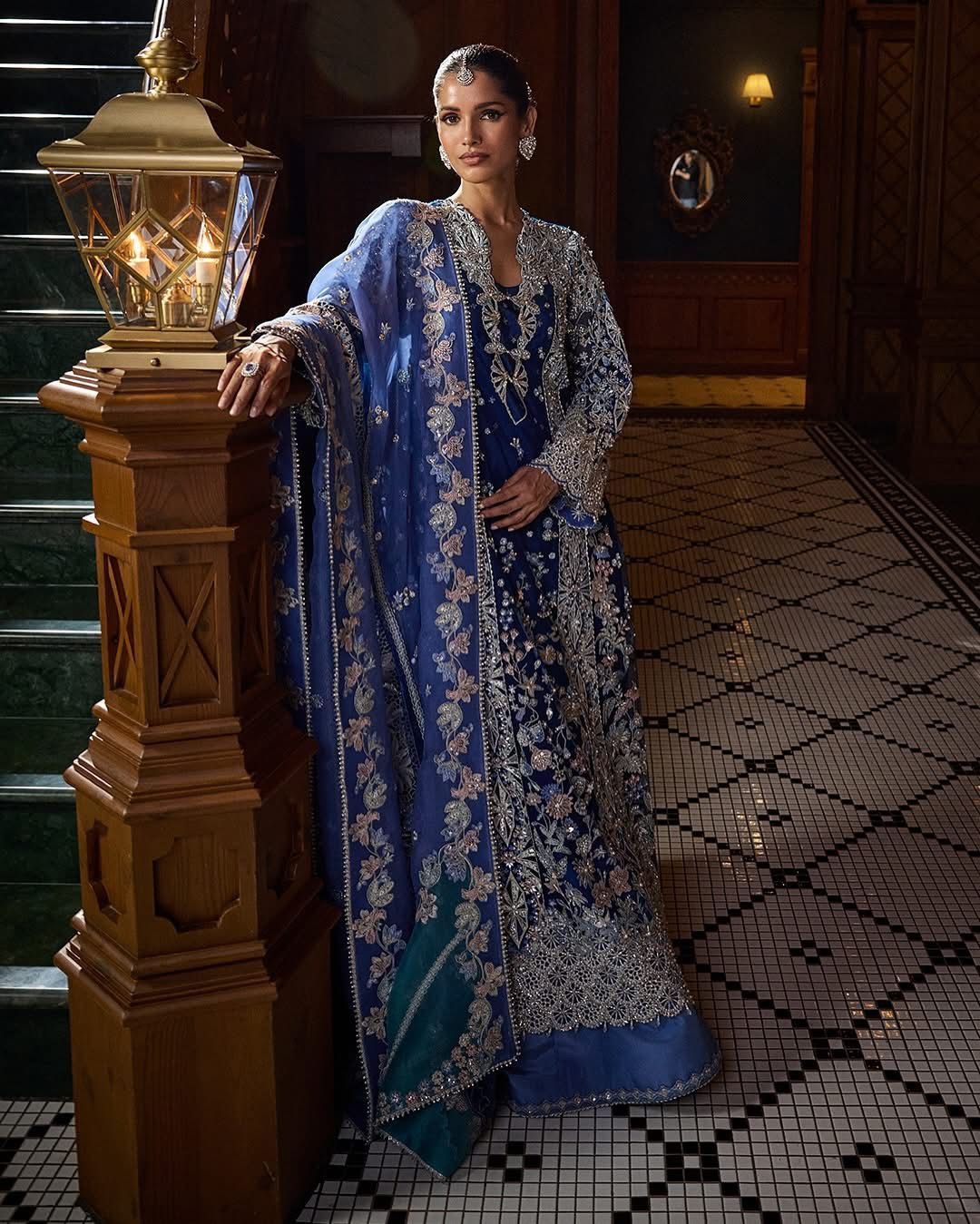 Front view of Soraya ELISÉ blue embroidered Pakistani formal dress