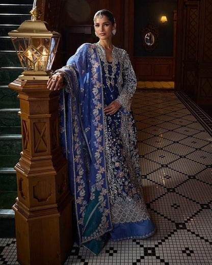Front view of Soraya ELISÉ blue embroidered Pakistani formal dress