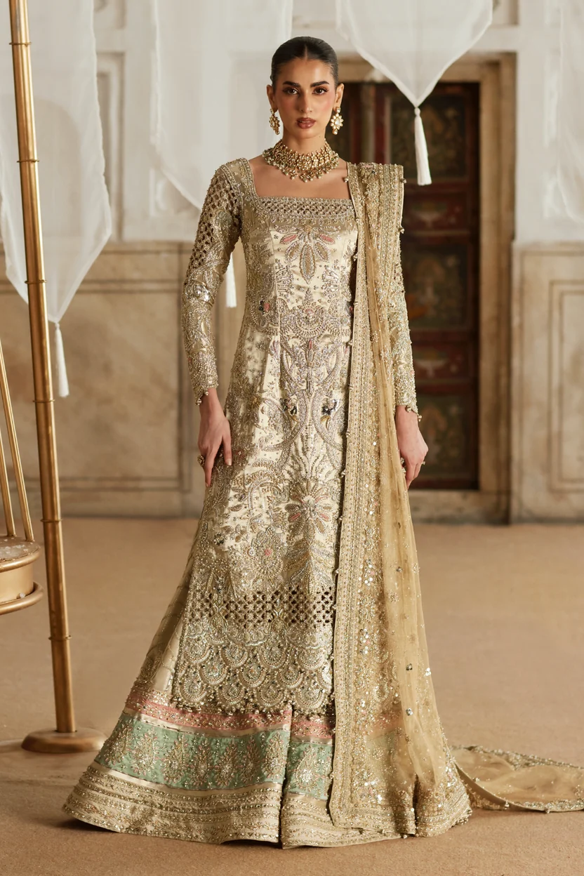 Soraya Khusht champagne-gold Pakistani bridal ensemble