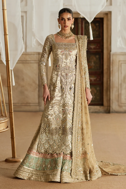 Soraya Khusht champagne-gold Pakistani bridal ensemble