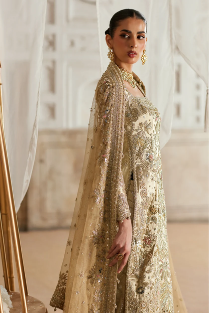 Champagne-gold bridal shirt with silver and antique-gold embroidery