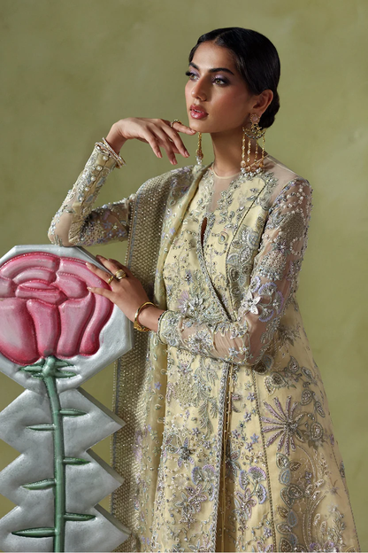 Butter-yellow Angrakha-inspired shirt with floral embroidery