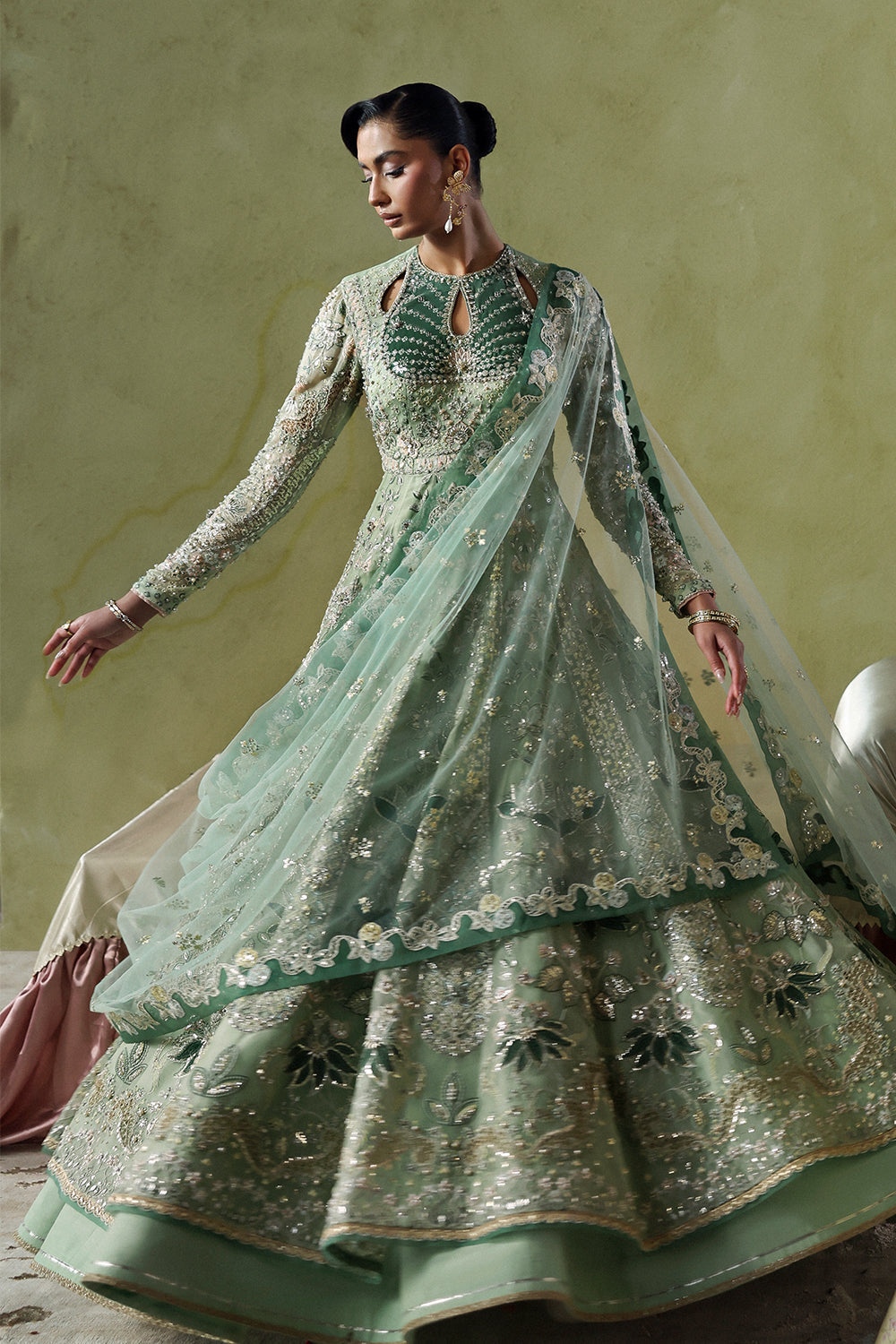 Sage mint embroidered Pishwas with dupatta