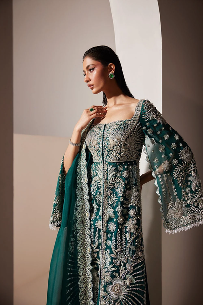 Emerald green Pakistani formal outfit with silver embroidery