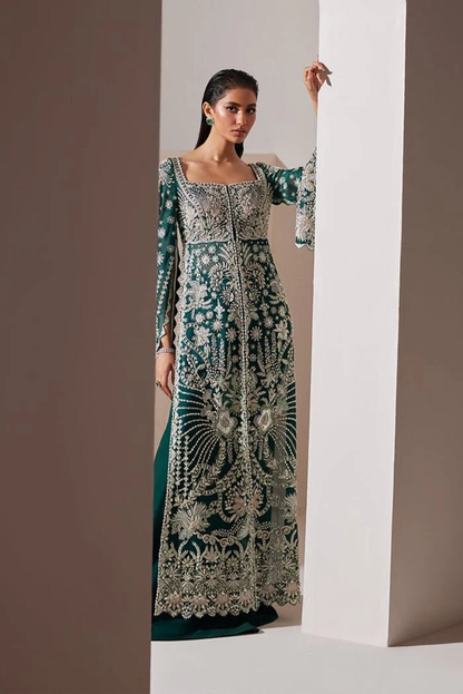 Soraya Luxe emerald green embroidered gown
