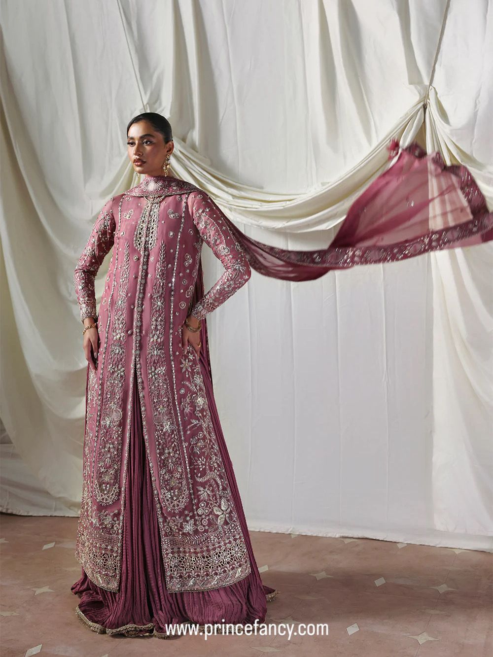 Soraya Luxury Collection dusty pink embroidered long shirt with matching dupatta