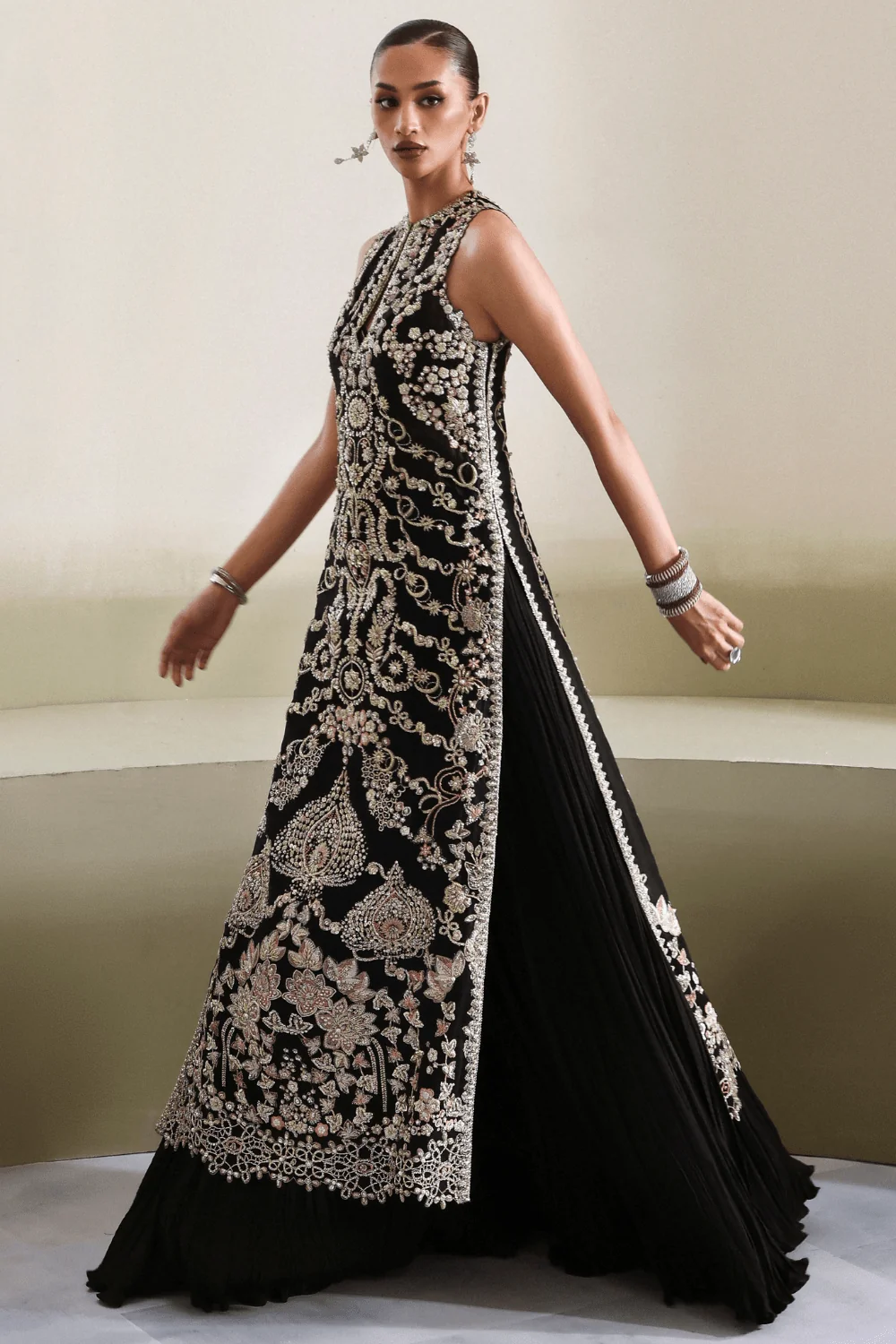 Black Pakistani formal dress with silver embroidery