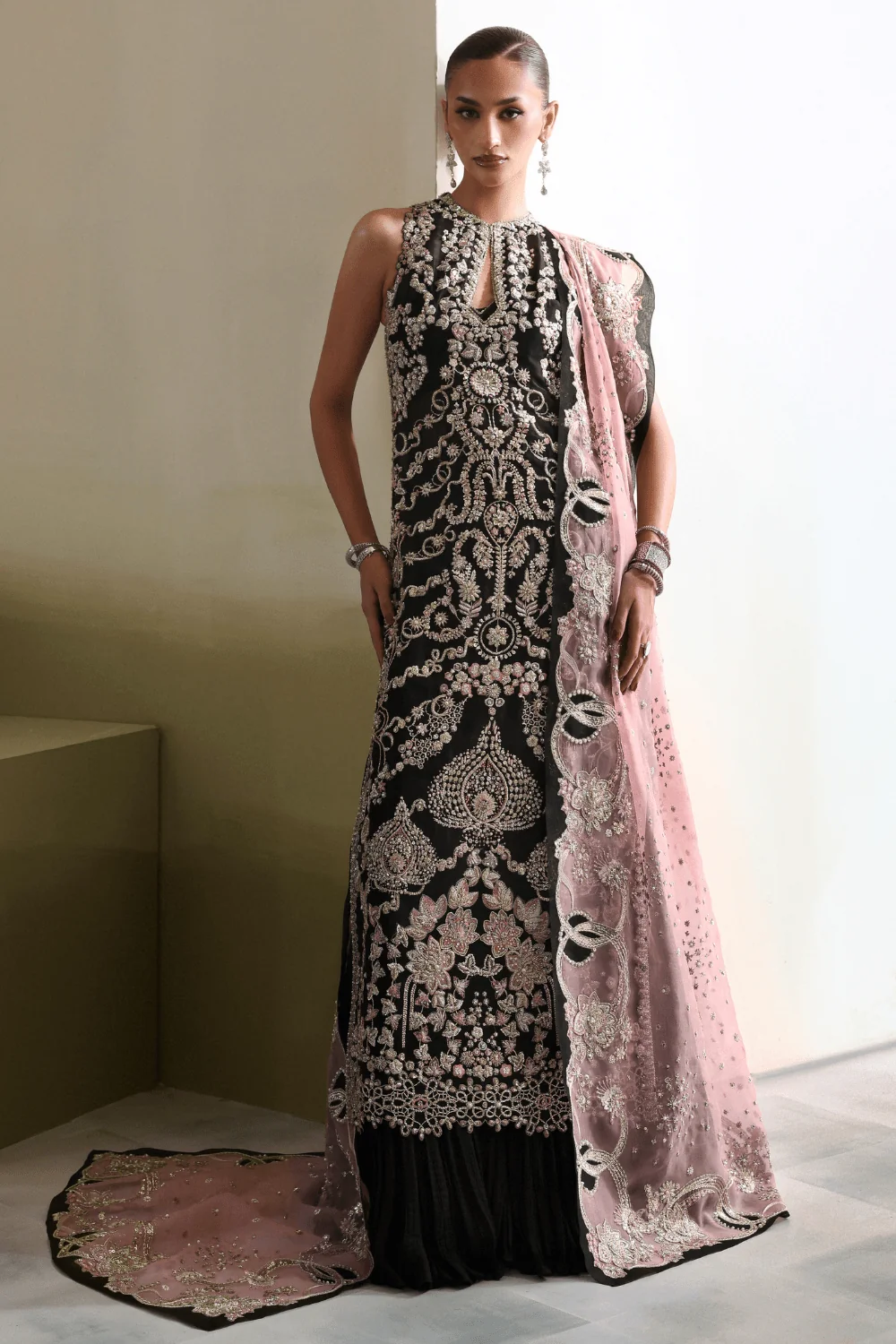 Soraya Myrren black dress with blush pink dupatta
