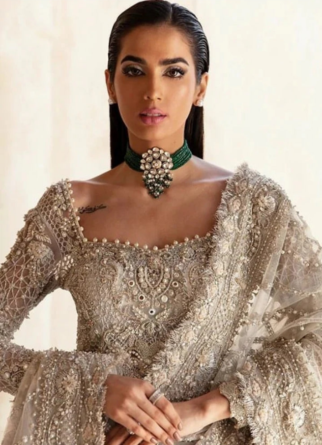 Ash white Pakistani formal sharara outfit