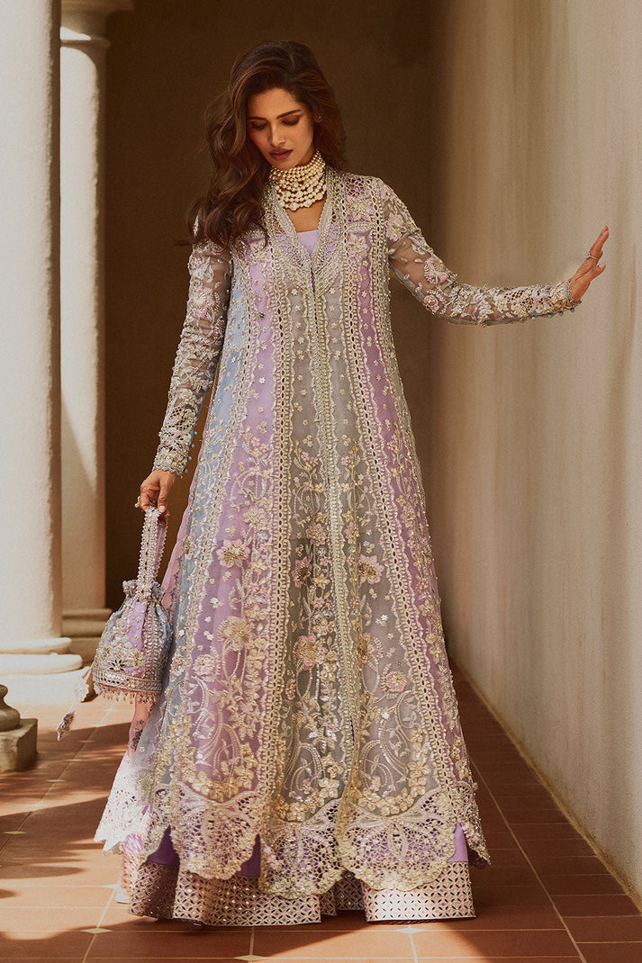 Lilac blue net gown with floral embroidery