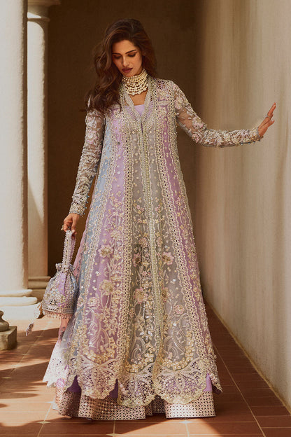 Lilac blue net gown with floral embroidery