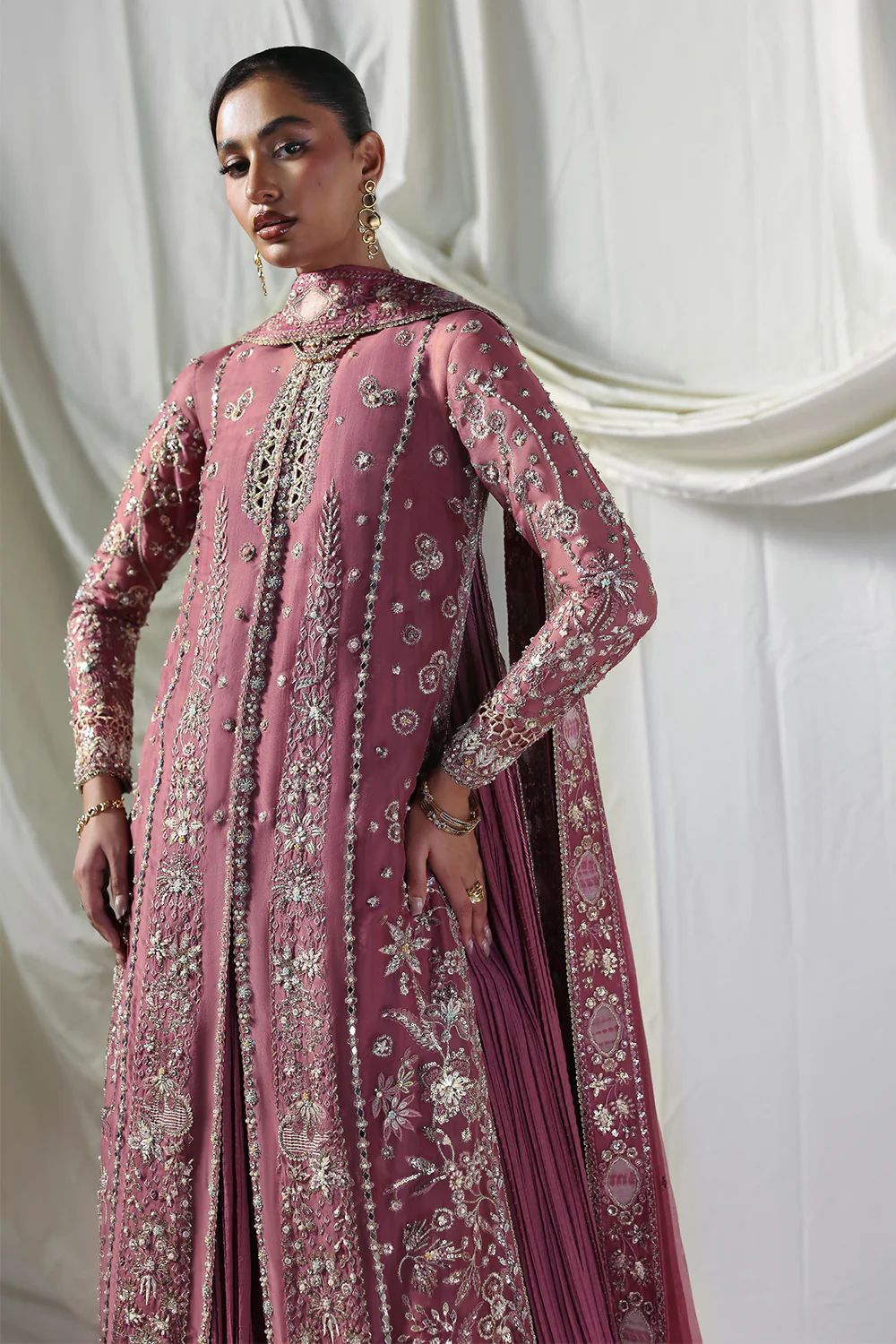 Back view of Soraya pink long shirt with detailed embroidery