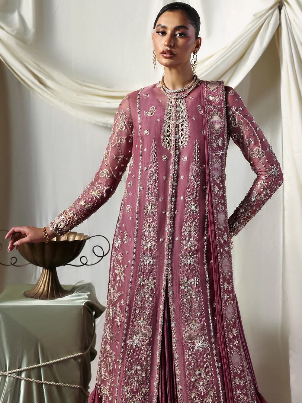 Front view of Soraya pink formal shirt with silver and gold embellishments