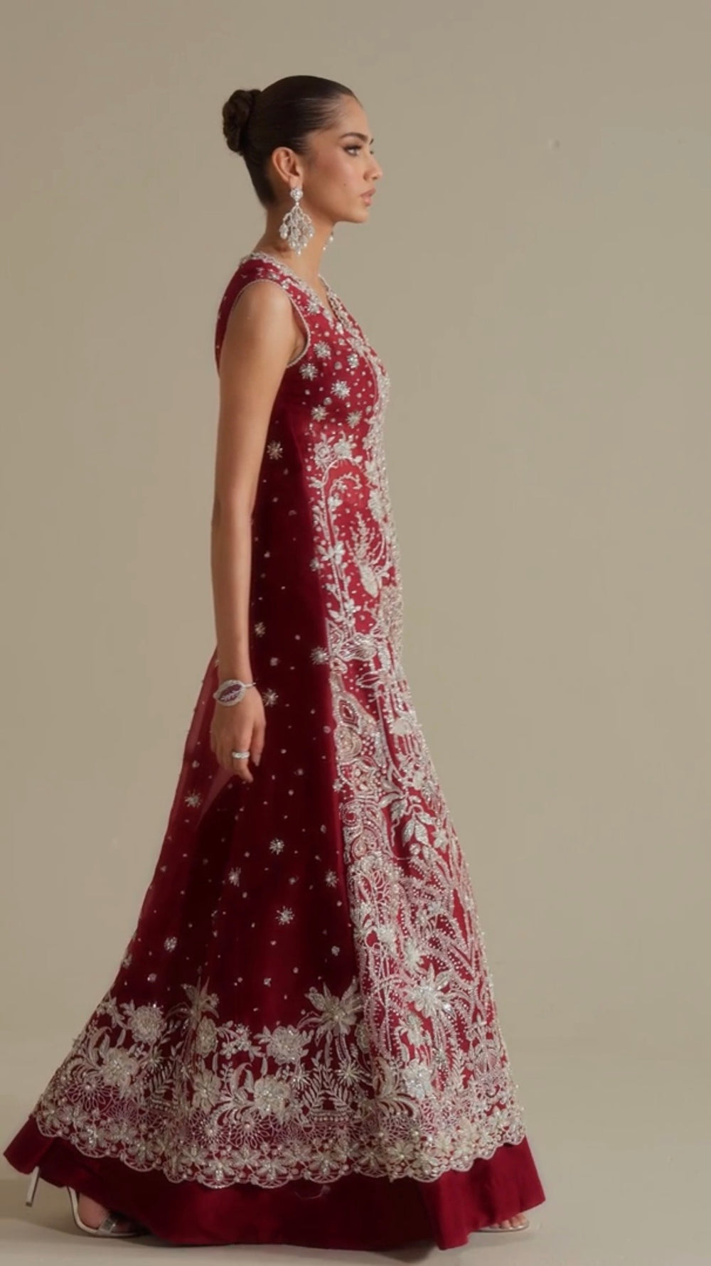 Wine red Pakistani formal outfit with silver embroidery