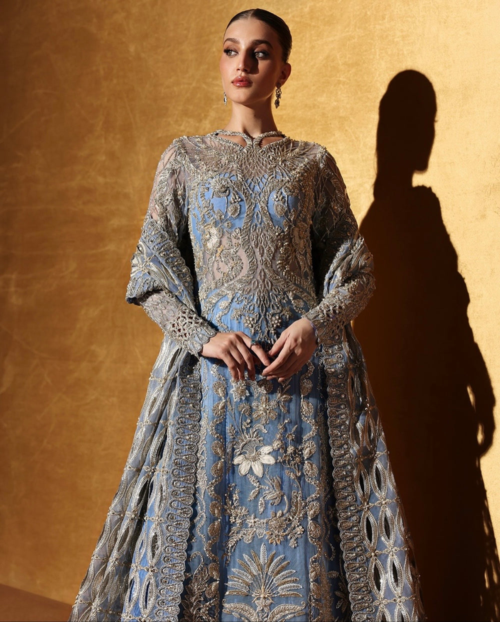 Soft blue Pakistani formal outfit with embroidery