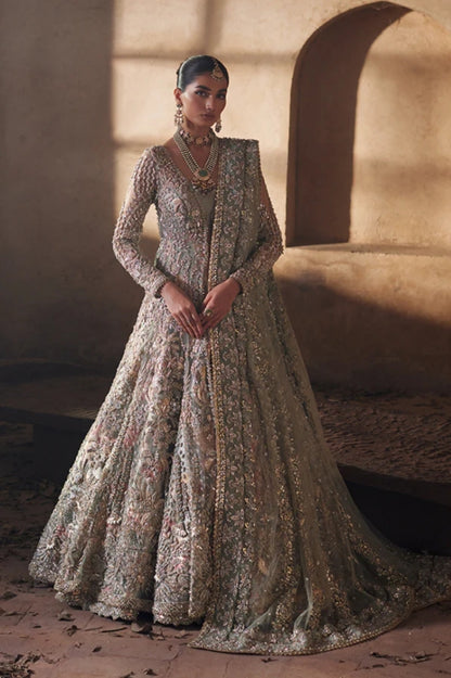 Soraya Shayna grey-green bridal lehenga with intricate floral embroidery