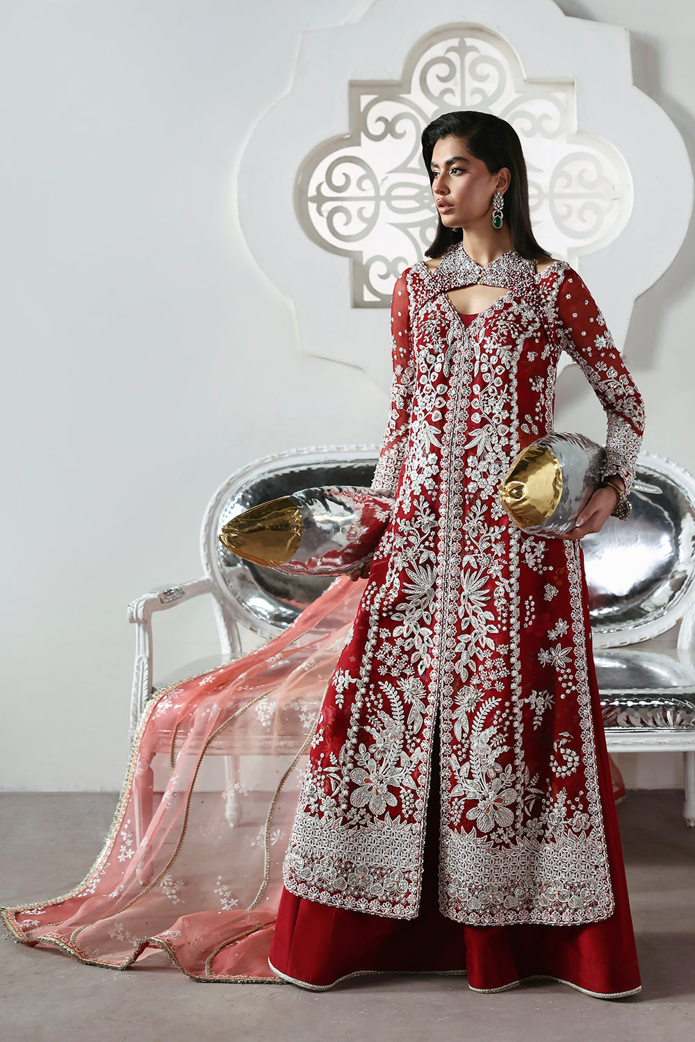 Red embroidered long shirt with pink dupatta