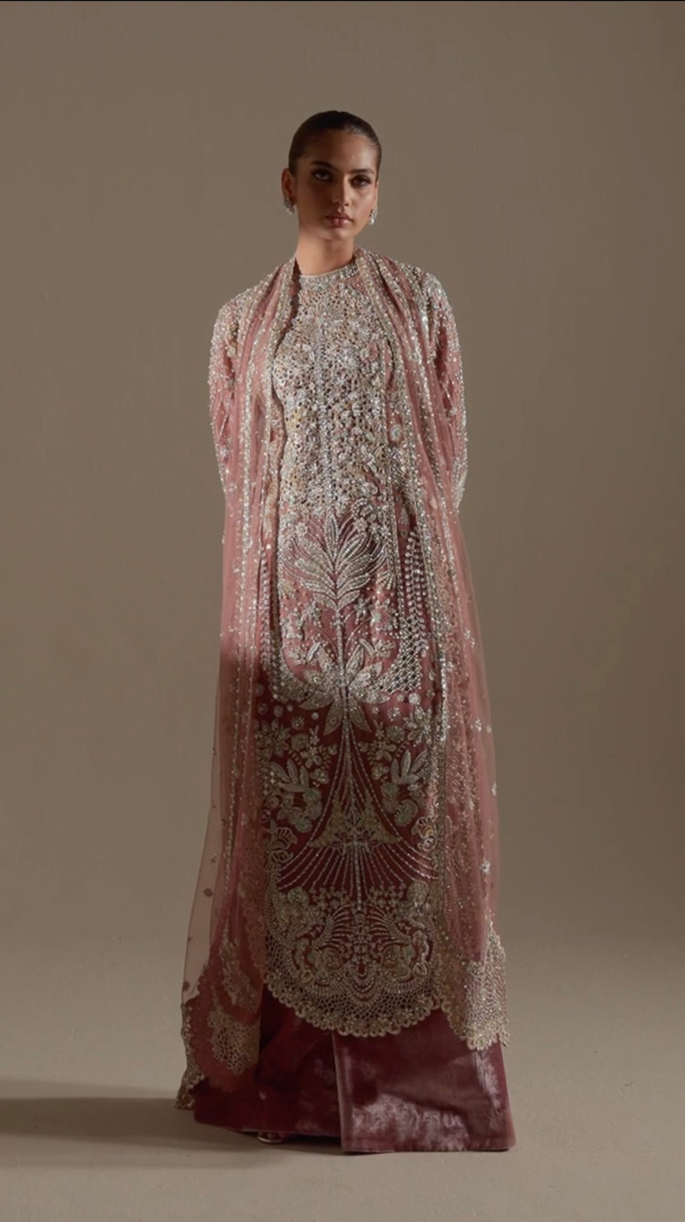 Dusty rose Pakistani formal dress with gold embroidery