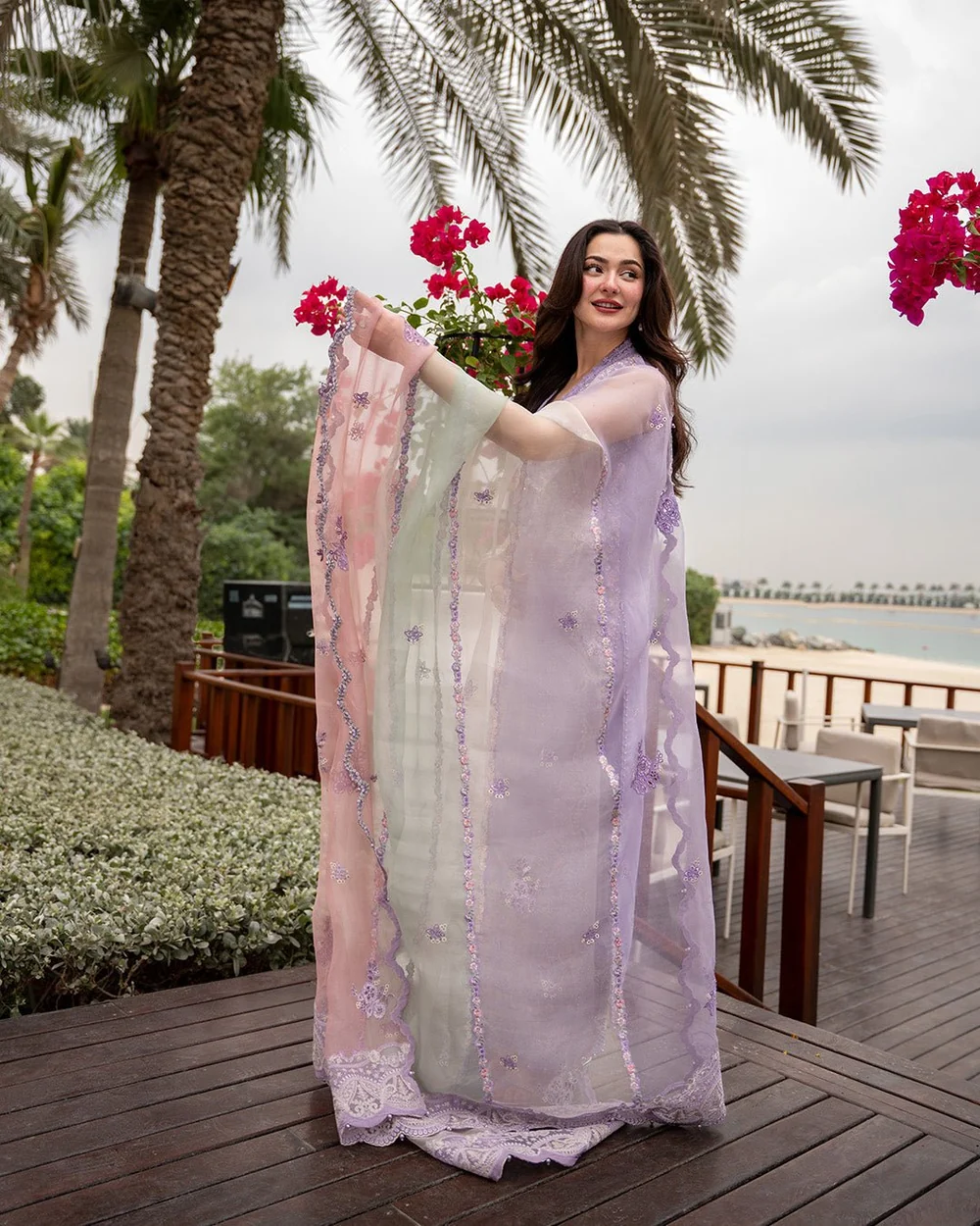 Lilac embroidered lawn shirt with trousers